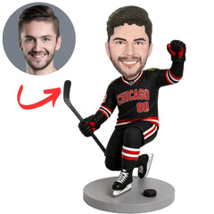 Chicago Hockey Player Kneeling in Black Uniform Custom Bobblehead