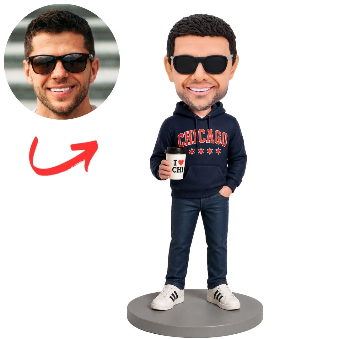 Chicago City Fan in Navy Hoodie Holding Cup Custom Bobblehead