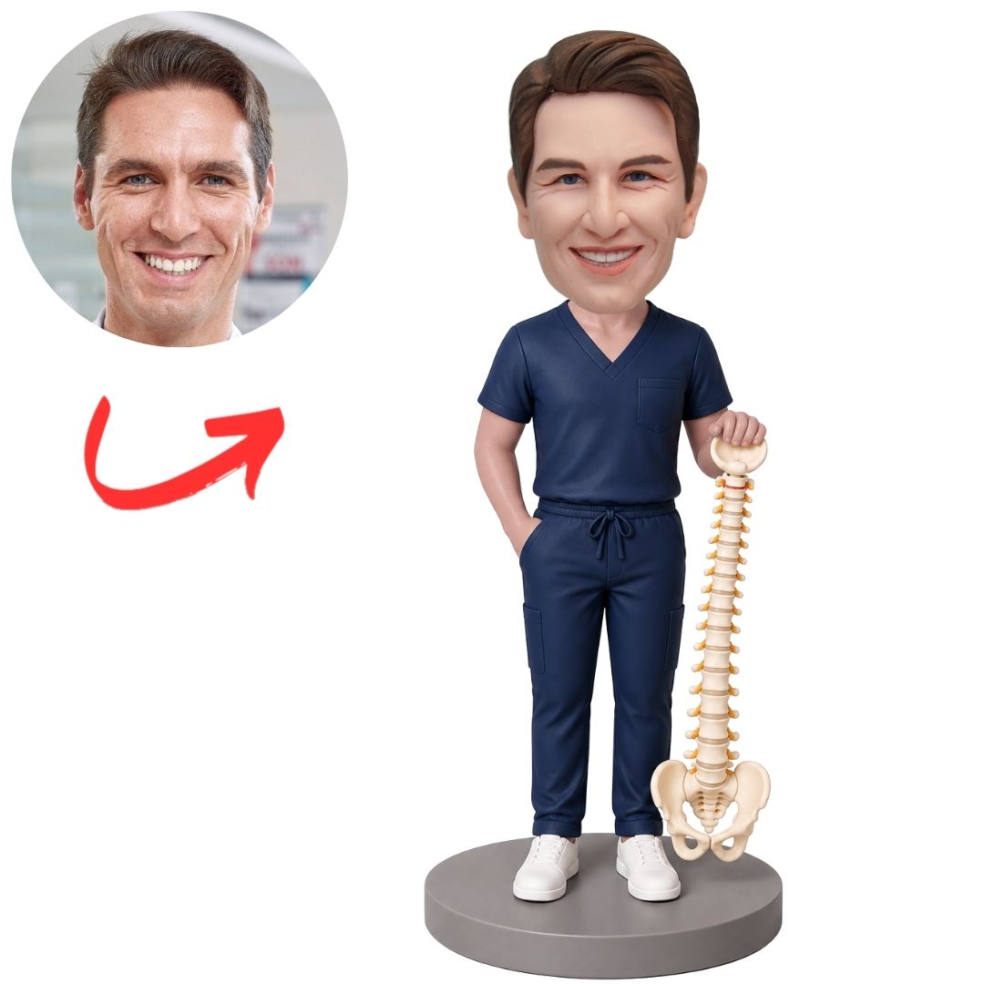Chiropractor in Blue Scrubs Holding Spine Model Custom Bobblehead