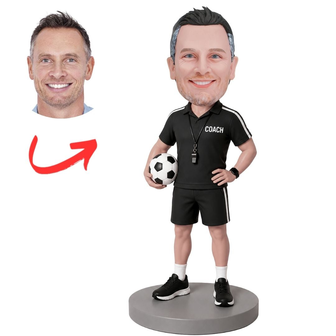 Coach in Black Kit Holding Soccer Ball Custom Bobblehead
