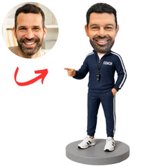 Coach in Navy Tracksuit Pointing Custom Bobblehead