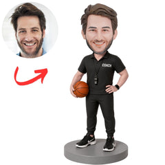 Coach in Black Polo Holding Basketball Custom Bobblehead