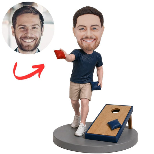 Cornhole Player Tossing Red Bag by Board Custom Bobblehead