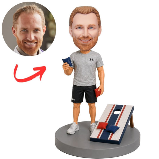 Cornhole Player in Gray Shirt by Game Board Custom Bobblehead