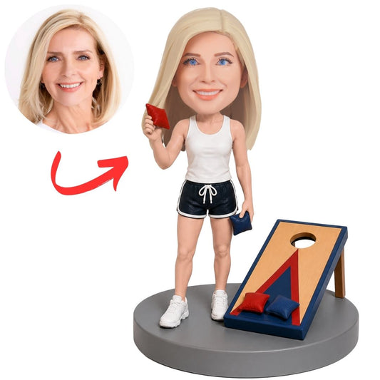 Woman Cornhole Player Holding Drink by Board Custom Bobblehead