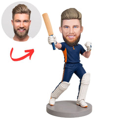 Cricket Player in Blue Uniform Swinging Bat Custom Bobblehead