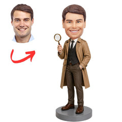 Detective in Brown Trench Coat Holding Magnifier Custom Bobblehead