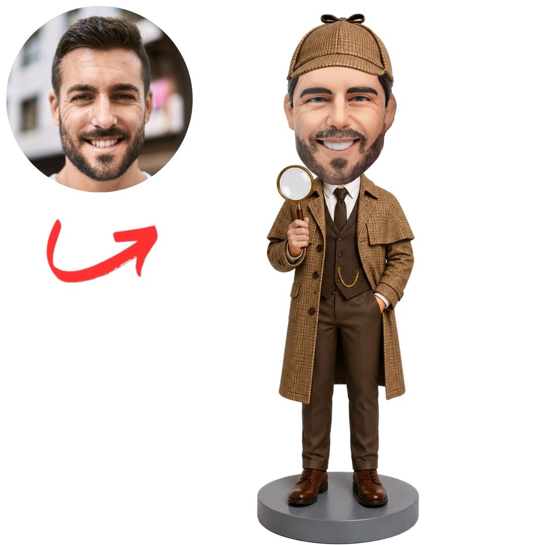 Detective in Hat and Brown Coat Holding Magnifier Custom Bobblehead