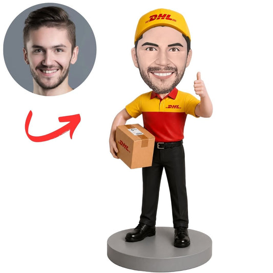 DHL Mailman with Jacket over Shoulder and Hand in Pocket Custom Bobblehead