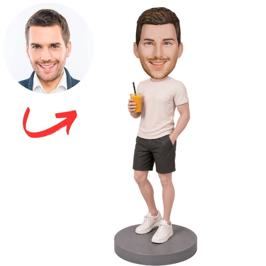 Man in White T-Shirt and Shorts Holding Drink Custom Bobblehead