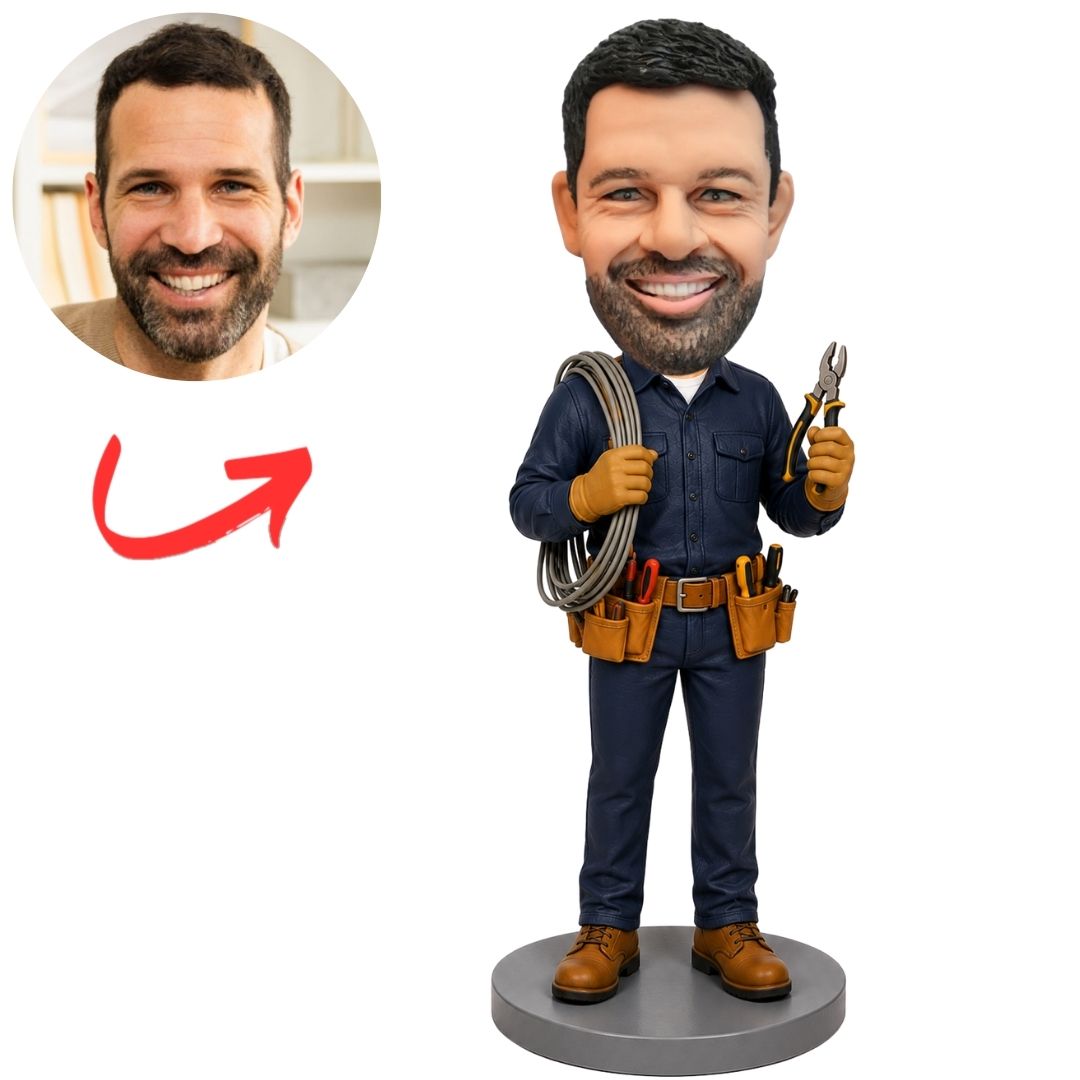 Electrician in Tool Belt Holding Wire Tools Custom Bobblehead