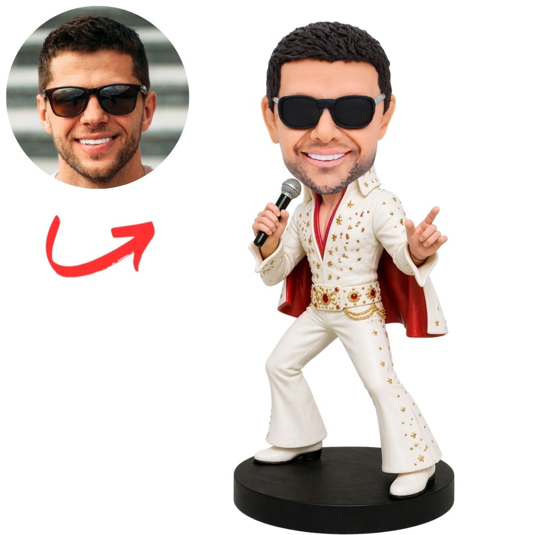 Elvis Presley in White Jumpsuit with Microphone Custom Bobblehead