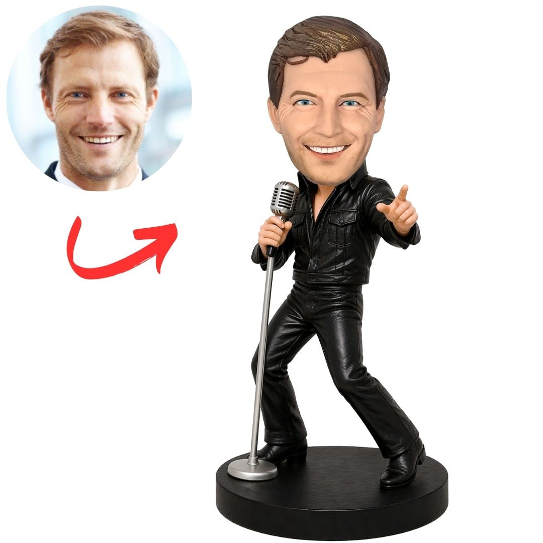 Elvis Presley in Black Leather Suit Singing Custom Bobblehead