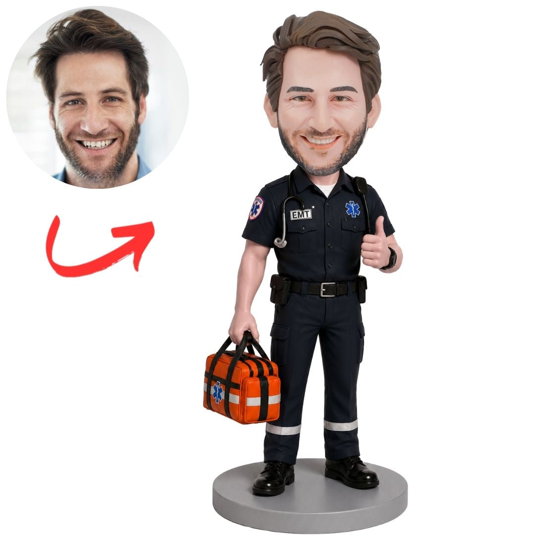 EMT in Navy Uniform Carrying Orange Medical Bag Custom Bobblehead
