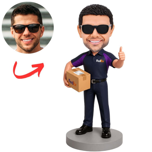 FedEx Mailman Holding Parcel and Giving Thumbs Up Custom Bobblehead