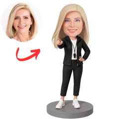 Female Coach in Black Blazer Pointing Custom Bobblehead