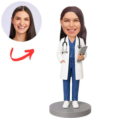 Female Physician in Lab Coat Holding Clipboard Custom Bobblehead