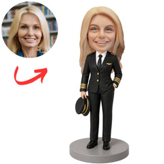 Female Pilot in Black Uniform Holding Cap Custom Bobblehead