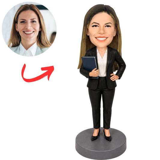 Female Principal in Black Suit Holding Notebook Custom Bobblehead