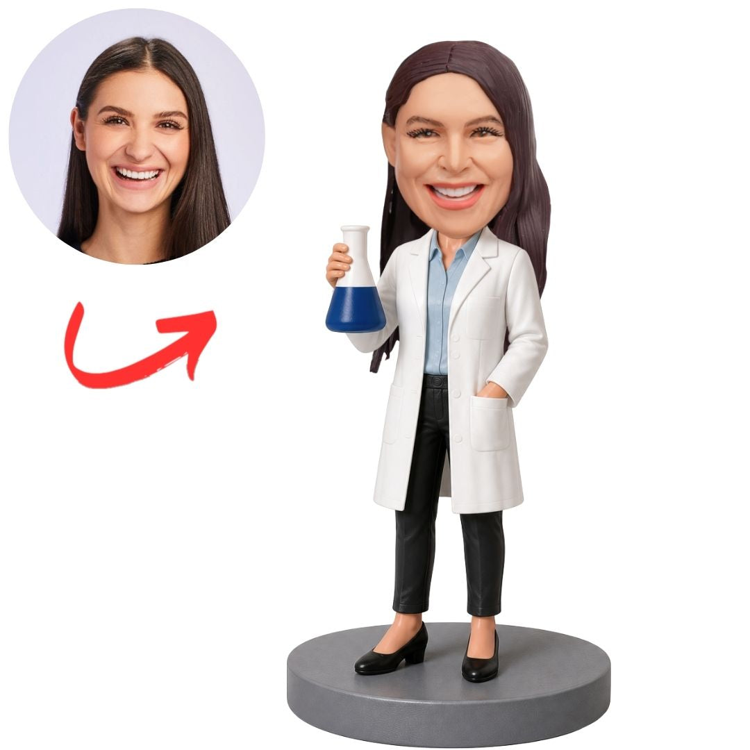 Female Scientist in Lab Coat Holding Flask Custom Bobblehead