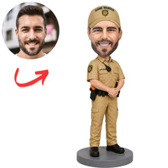 Game Warden in Tan Uniform with Hands Clasped Custom Bobblehead