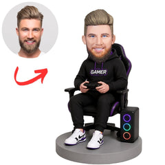 Gamer Sitting in Gaming Chair with Controller and Speaker Base Custom Bobblehead