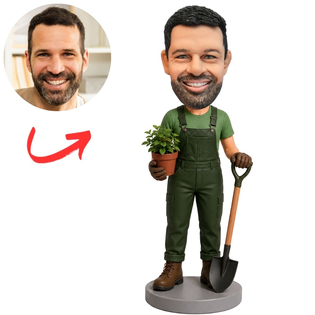 Gardener in Overalls Holding Plant Pot and Shovel Custom Bobblehead