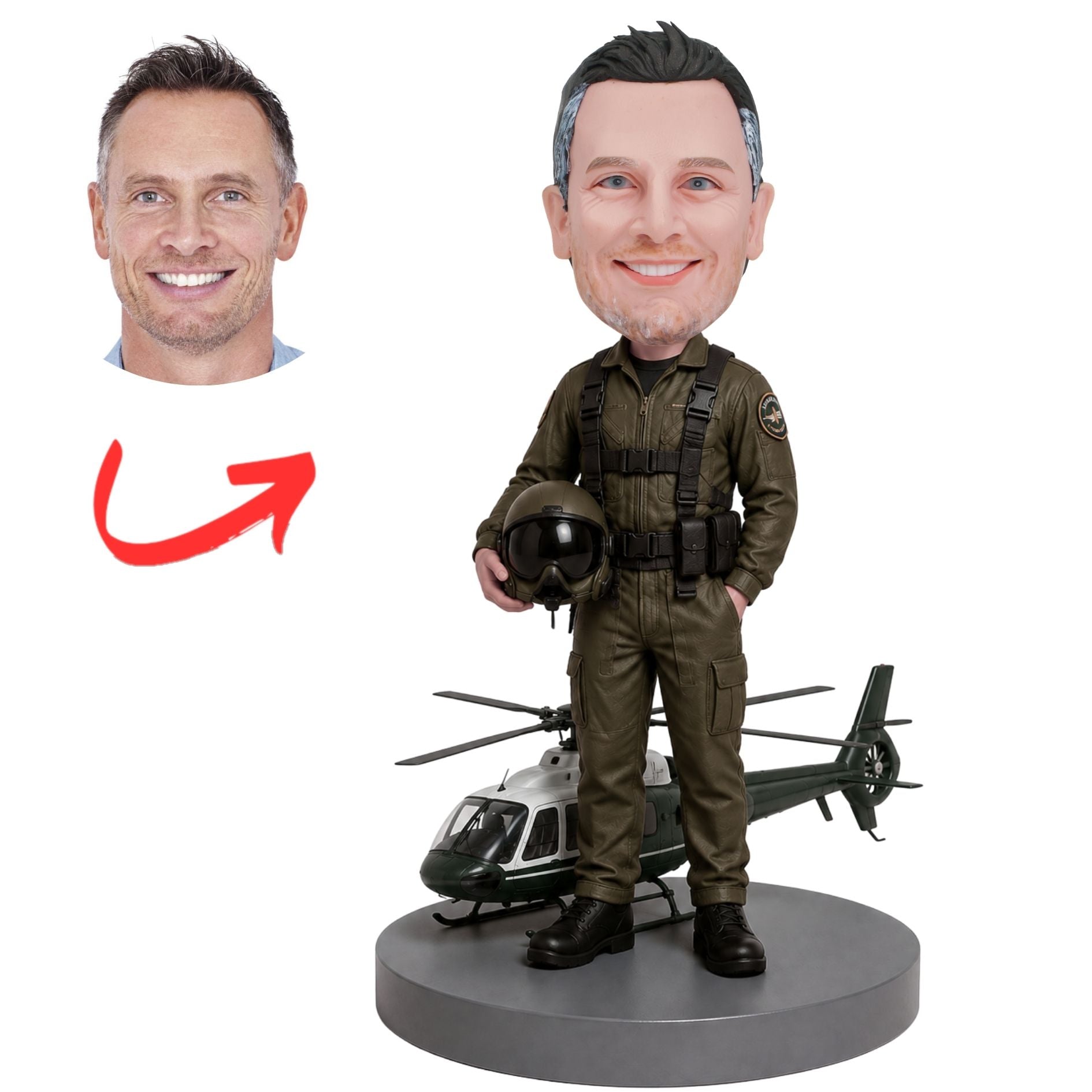 Helicopter Pilot in Flight Gear Beside Helicopter Custom Bobblehead
