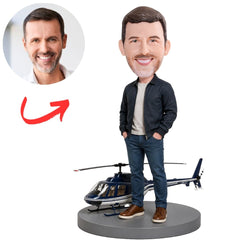 Man in Jacket Standing Beside Helicopter Custom Bobblehead