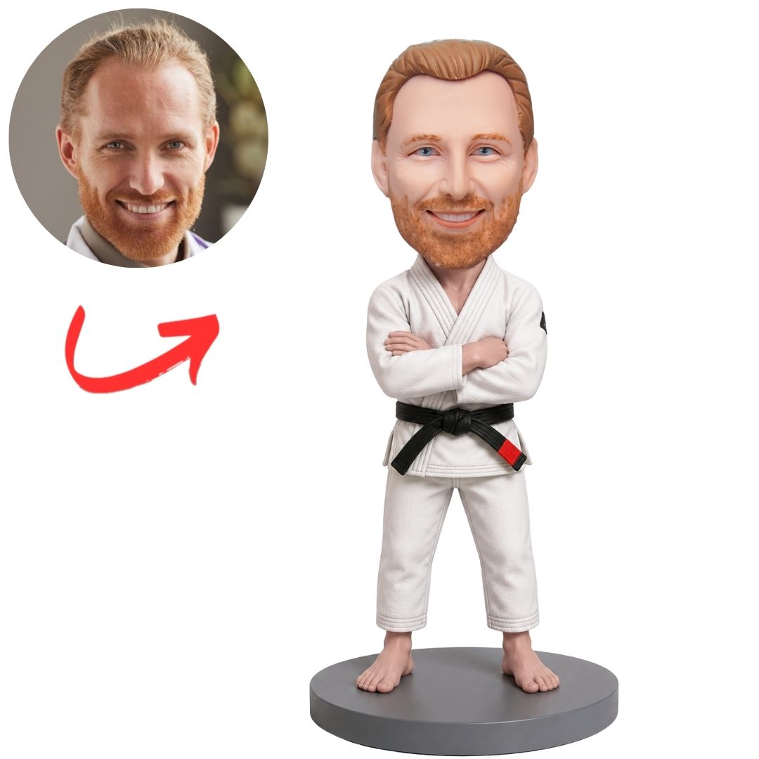 Jiu Jitsu Fighter in White Gi Arms Crossed Custom Bobblehead
