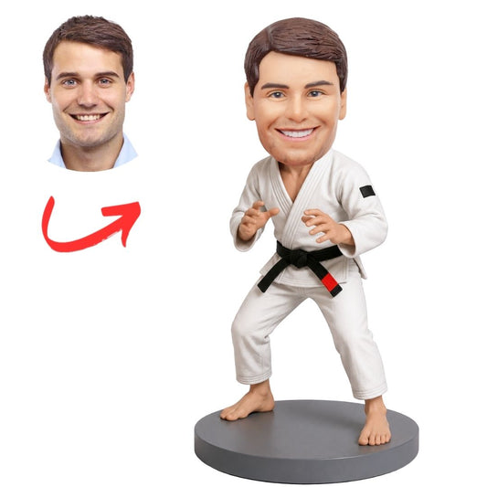Jiu Jitsu Fighter in White Gi Fighting Stance Custom Bobblehead