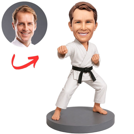 Karate Fighter in White Gi Punching Stance Custom Bobblehead