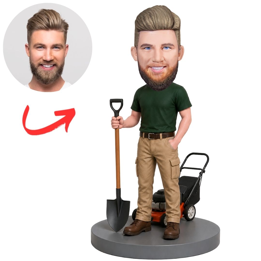 Landscaper Holding Shovel with Lawn Tool Custom Bobblehead