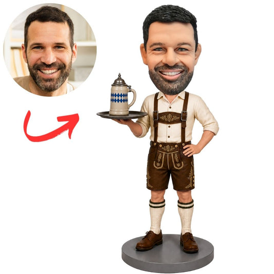 Male Waiter in Lederhosen Holding Beer Stein Custom Bobblehead