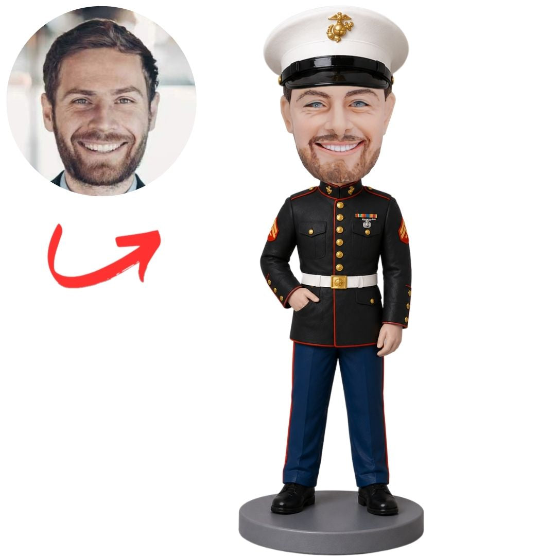 Marine in Dress Blue Uniform Standing at Attention Custom Bobblehead