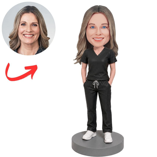Massage Therapist in Black Scrubs Custom Bobblehead