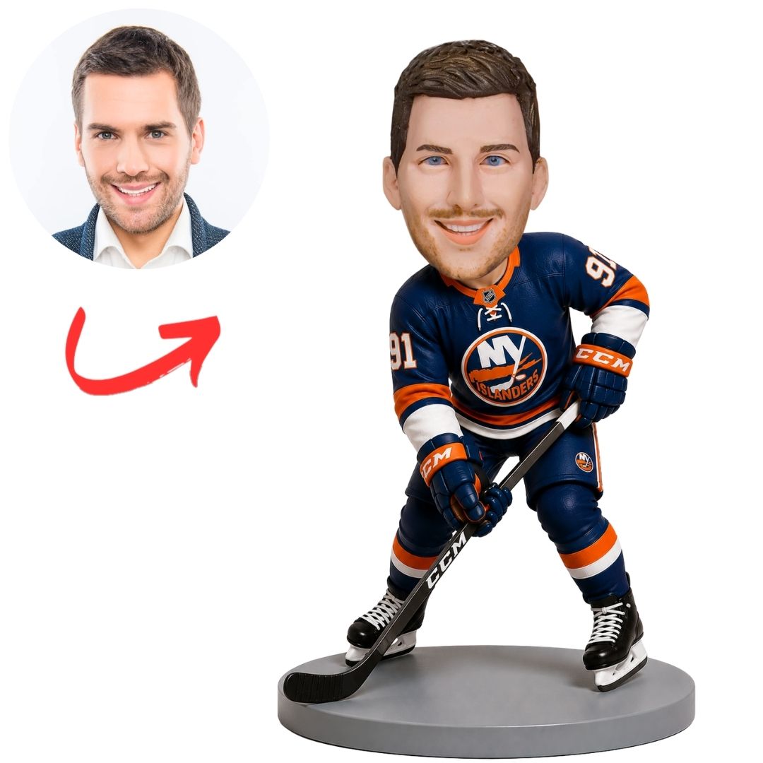 New York Islanders Hockey Player Standing with Stick Custom Bobblehead