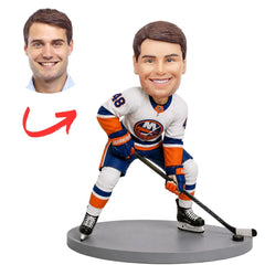 New York Islanders Hockey Player Crouching with Stick Custom Bobblehead