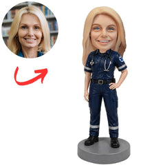 Female Paramedic in Blue Uniform with Hand on Hip Custom Bobblehead