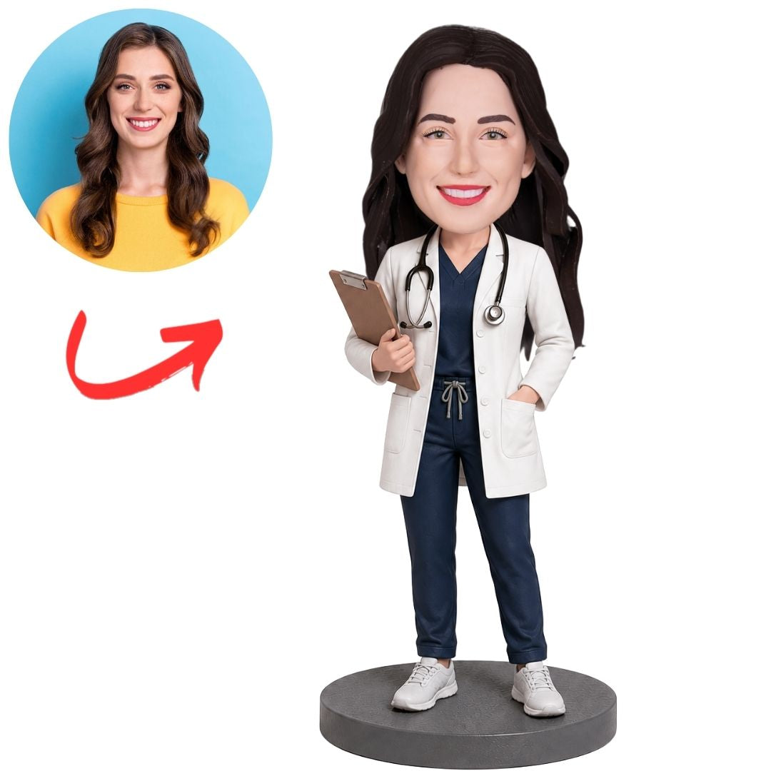 Physician Assistant in White Coat Holding Tablet Custom Bobblehead