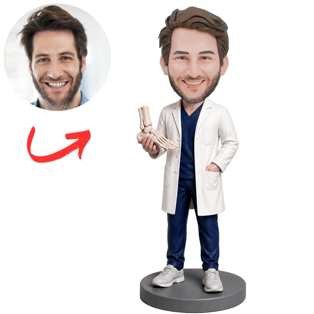 Podiatrist Holding Foot Model in Lab Coat Custom Bobblehead
