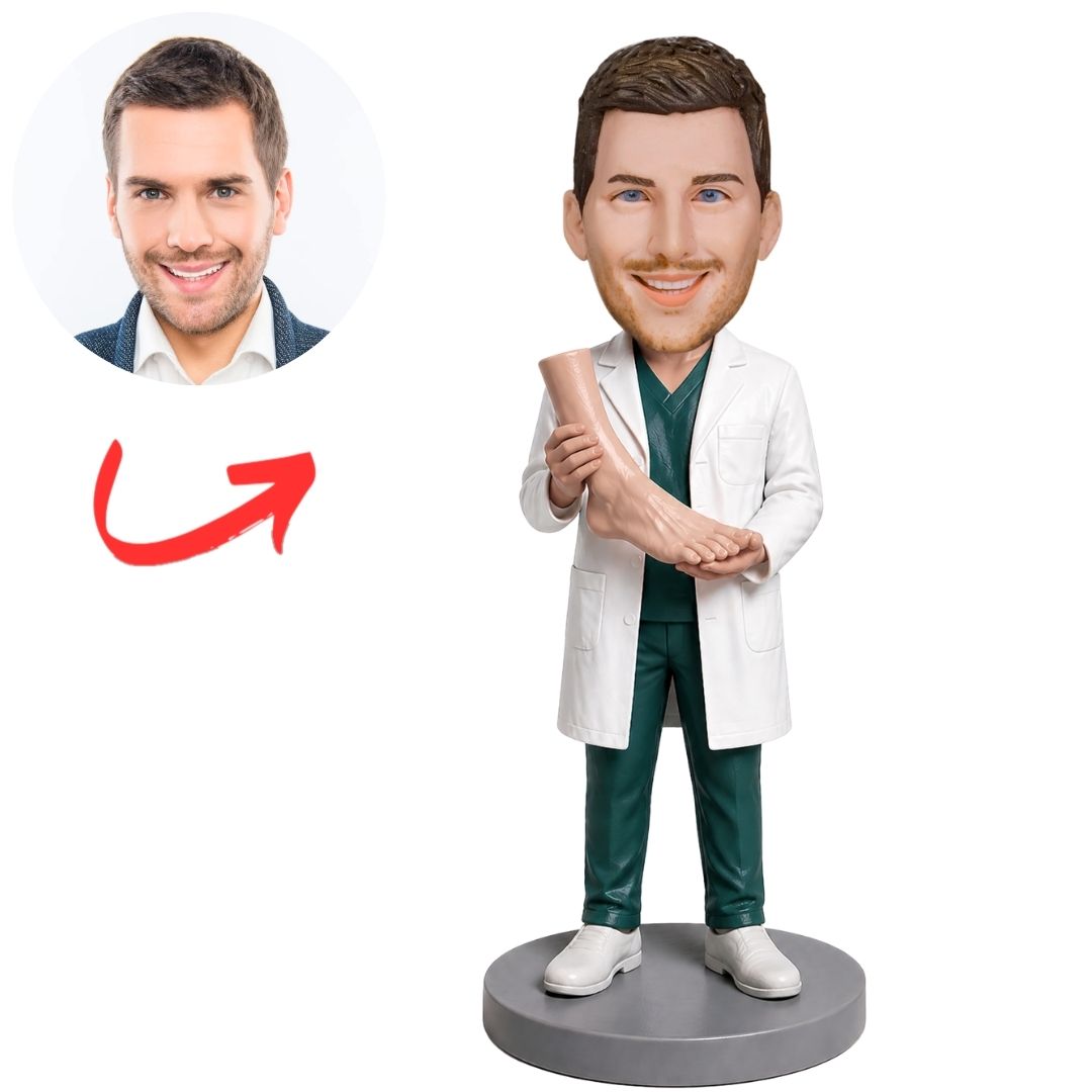 Podiatrist in White Coat Holding Foot Model Custom Bobblehead