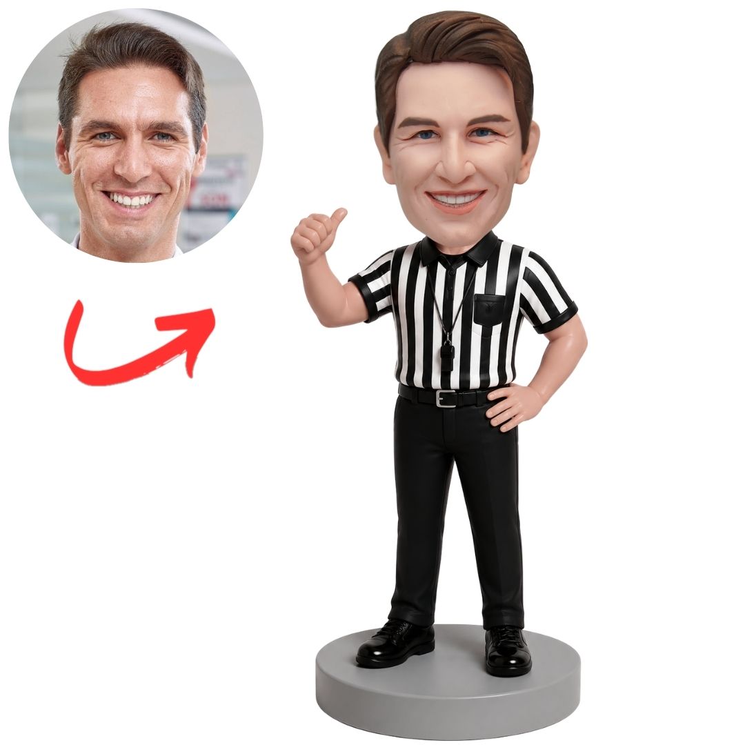 Referee in Striped Shirt Signaling Call Custom Bobblehead