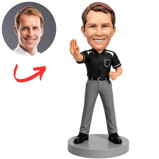 Referee in Black Shirt Raising Hand Custom Bobblehead