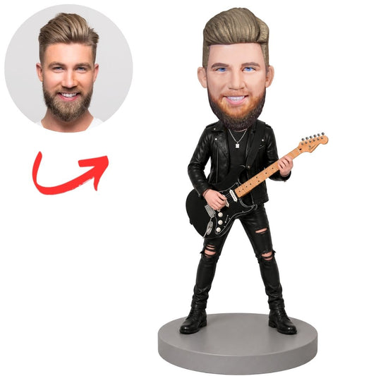 Rock Guitarist in Black Outfit Playing Electric Guitar Custom Bobblehead