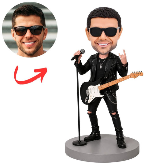 Rockstar in White Jacket with Guitar and Microphone Custom Bobblehead