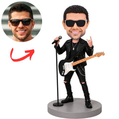 Rockstar in White Jacket with Guitar and Microphone Custom Bobblehead