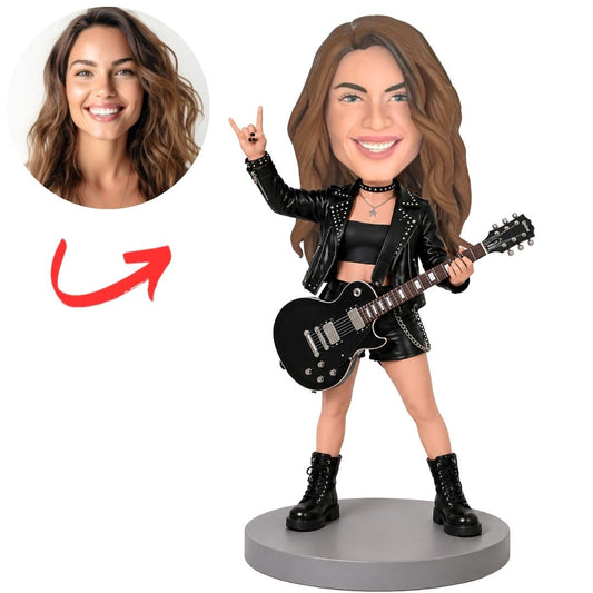Woman Rockstar with Black Guitar and Raised Finger Custom Bobblehead
