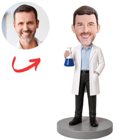 Scientist in White Lab Coat Holding Flask Custom Bobblehead