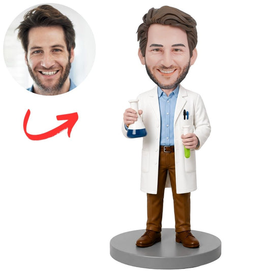 Scientist in White Lab Coat Holding Beaker and Test Tube Custom Bobblehead